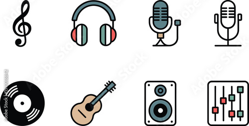Flat Vector Icons Set Depicting Audio Equipment on white Background, Perfect for Sound Design and Production Projects
