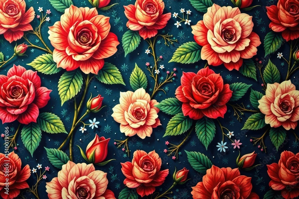 Fototapeta premium Intricate repeating rose pattern on vintage fabric, bloom, wallpaper, repeating