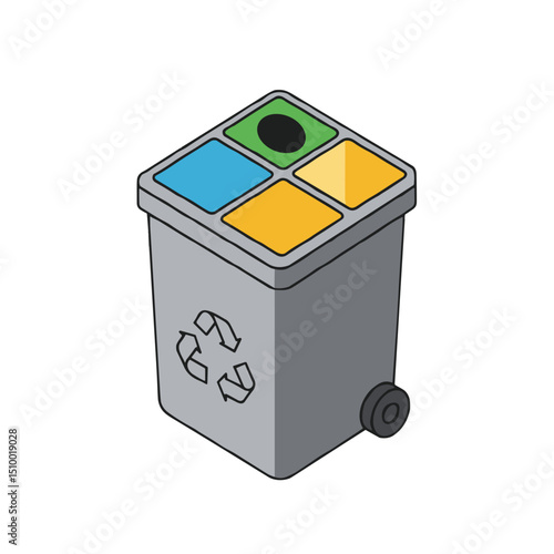 Gray recycling bin with colored sorting lids, waste management concept