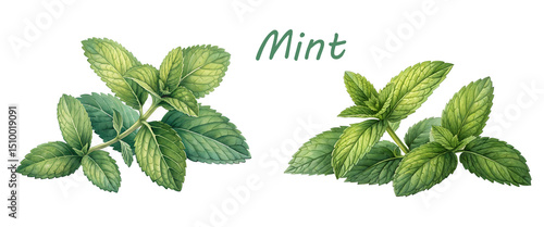 Watercolor artwork of fresh mint leaves. Tea packaging, organic product labels, herbal medicine visuals, summer-themed designs, health blogs, food illustrations, kitchen prints, botanical collections