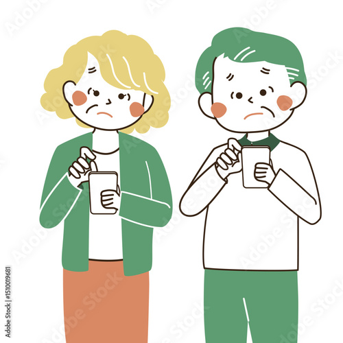 悩んでいるシニア夫婦のイラスト・高齢者の不安な表情