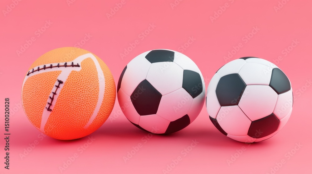 A vibrant composition featuring an orange tennis ball and two classic soccer balls on a bright pink background, ideal for sports and recreation themes. A vibrant composition featuring an orange tennis ball and two classic soccer balls on a bright pink background, ideal for sports and recreation themes.