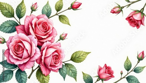 Intricate watercolor roses & leaves, soft hues, soft, pastel, illustration