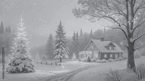 White winter landscape of snow-covered trees in a cold forest