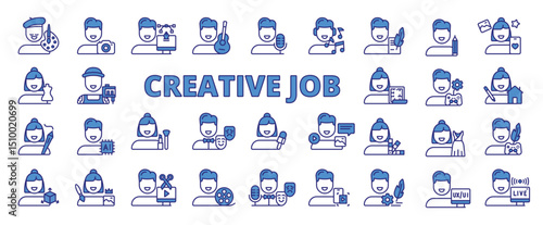 Creative jobs icons in line design blue. Creative jobs, designer, artist, writer, photographer, illustrator, filmmaker on white background vector. Creative jobs editable stroke icons