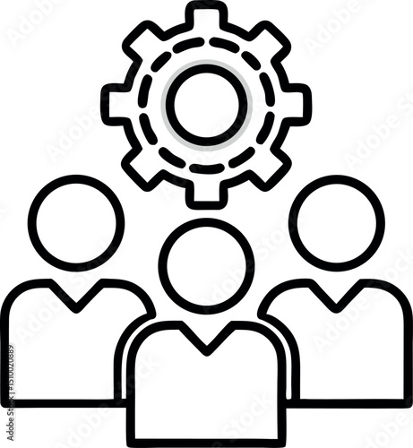 Three people with gear in outline vector, team configuration symbol, transparent background.