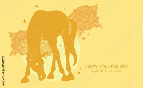 Zodiac horse silhouette on peonies background. Chinese new year of the horse 2026 background with flowers.