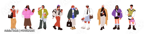 Fashion street-style outfits on young people, set. Youth in modern trendy casual clothes, accessories. Men and women wearing stylish apparels. Flat vector illustration isolated on white background.