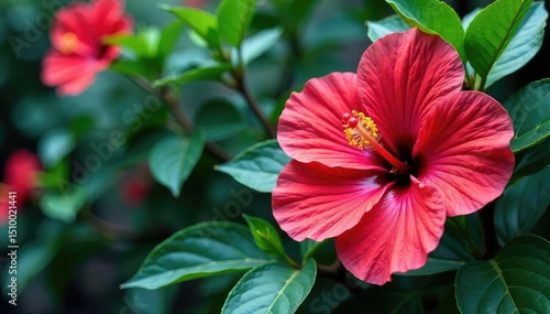 Wallpaper Mural Large-scale hibiscus print, bold colors, lush greenery , hibiscus pattern, textile print, background image Torontodigital.ca