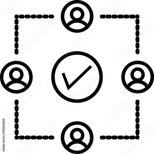 Outline vector icon of connected people in grid, team hierarchy, transparent background.