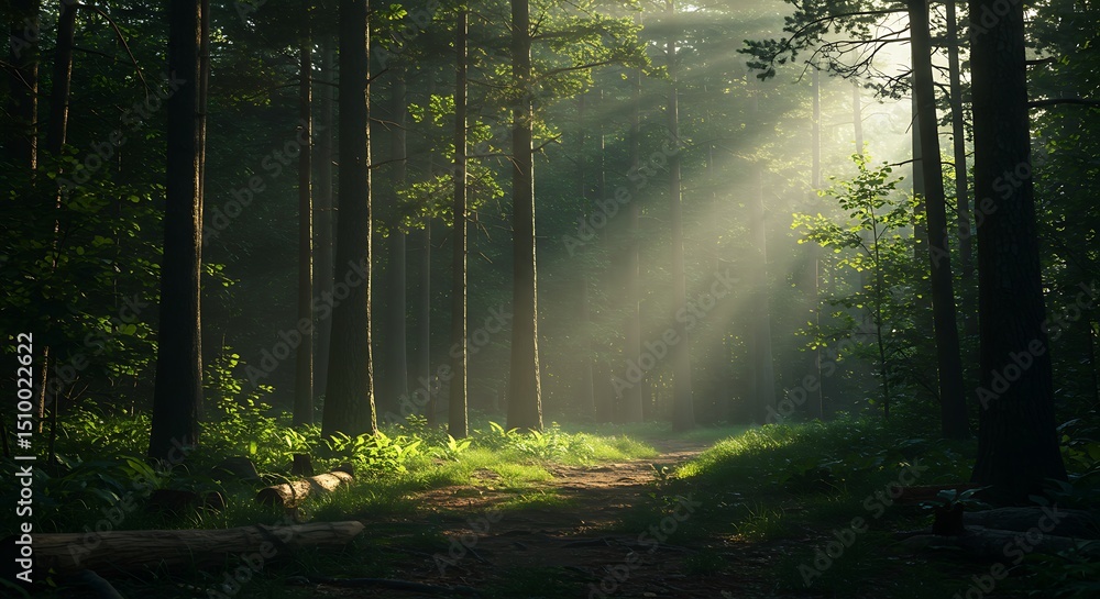 Naklejka premium Sun Rays Shining Through Tall Trees on Forest Path