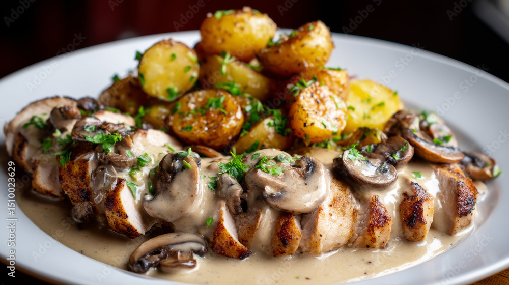 Juicy grilled chicken with mushroom sauce served alongside crispy roasted potatoes, perfect for dinner Juicy grilled chicken with mushroom sauce served alongside crispy roasted potatoes, perfect for dinner