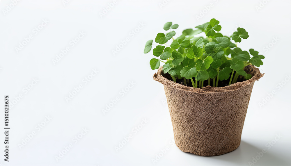 Young green sprouts growing in biodegradable peat pot isolated on white background. Ideal for eco gardening, sustainable agriculture, plant care and seed starting Young green sprouts growing in biodegradable peat pot isolated on white background. Ideal for eco gardening, sustainable agriculture, plant care and seed starting