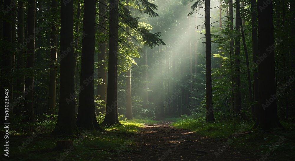 Fototapeta premium Walking Path Through Forest with Sunlight Streaming Through Trees