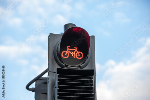 Red Bicycle Traffic Light Against Blue Sky