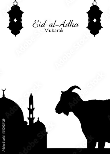 "Elegant Eid Al-Adha greeting card with mosque and Kaaba silhouettes on the left, goat silhouette on the right, in soft blush pink and peach watercolor style, off-white background, two glowing lantern