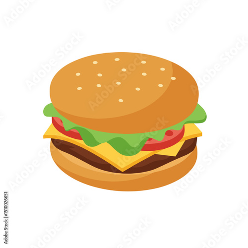 Simple illustration of a hamburger with cheese, lettuce, and tomato in a sesame seed bun