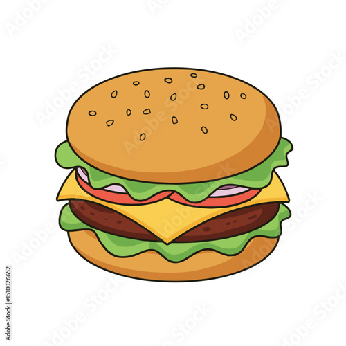 Colorful illustration of a delicious hamburger with lettuce, tomato, cheese, and a beef patty
