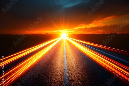 Sunset Highway: Dramatic Road with Light Trails in Vibrant Red and Orange Sky