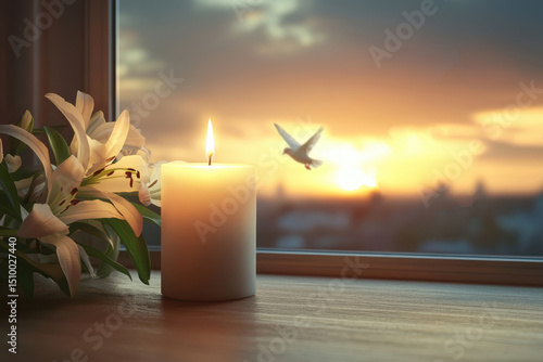 Peaceful candle memorial scene with white lilies and soft sunset light for funeral template use