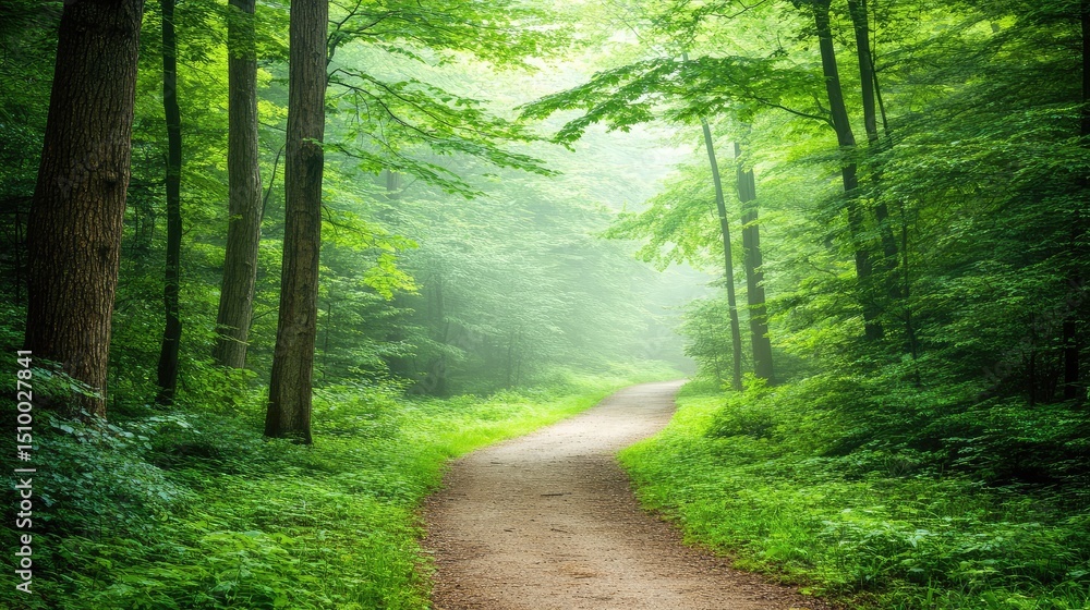 Fototapeta premium Serene forest pathway veiled in early morning fog, with tree trunks barely visible through the mist