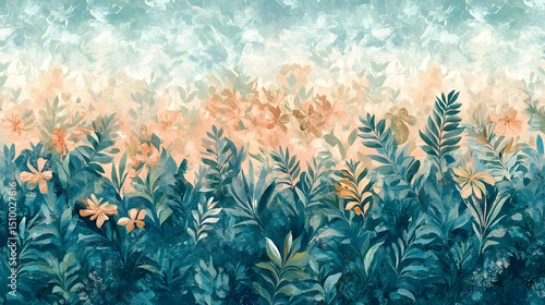 Vibrant Teal and Peach Floral Botanical Garden Painting