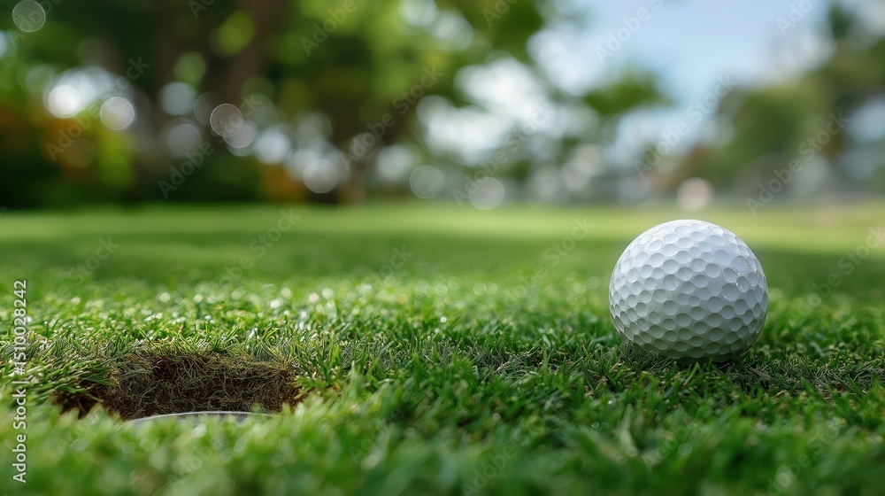 White Golf Ball Sitting Near Hole on Green Grass Sunny Outdoor Course White Golf Ball Sitting Near Hole on Green Grass Sunny Outdoor Course