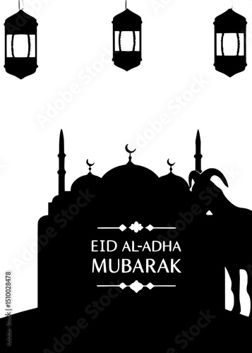 "Religious and celebratory Eid Al-Adha card featuring watercolor silhouettes of mosques and the Kaaba on the left, a goat on the right, with soft peach and pink hues, off-white background, hanging lan