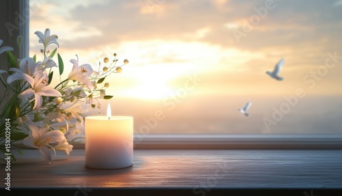 Peaceful candle memorial scene with white lilies and soft sunset light for funeral template use