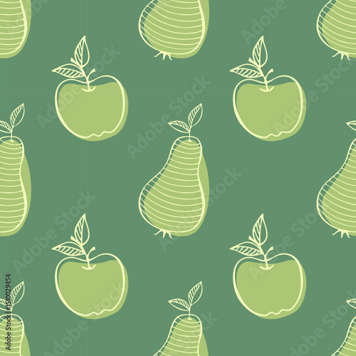 Summer garden with fruits, Apples and Pears stylized outline drawings, pattern in soft green tones. Packaging, backdrop, wallpaper, wrapper.
