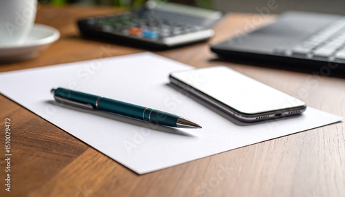 Note and ballpoint pen smartphone calculator on wooden desk.