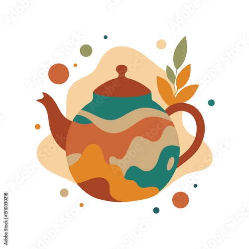 Abstract artistic teapot illustration with decorative leaves and colorful organic shapes