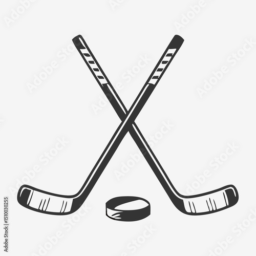 Crossed Hockey Sticks and Puck Icon Set – Black and Colorful Flat Design Illustrations for Ice Hockey, Winter Sports, and Team Logos. Hockey Stick Logo Vector Template Design. 