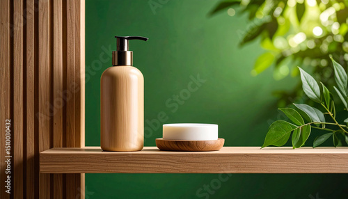 Neatly organized front view close-up of bathroom supplies. Green textured background.