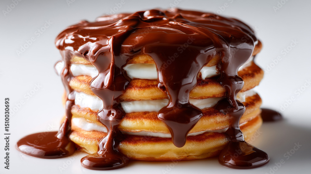 Delicious stack of pancakes drizzled with rich chocolate sauce and filled with creamy filling for a delightful breakfast treat Delicious stack of pancakes drizzled with rich chocolate sauce and filled with creamy filling for a delightful breakfast treat