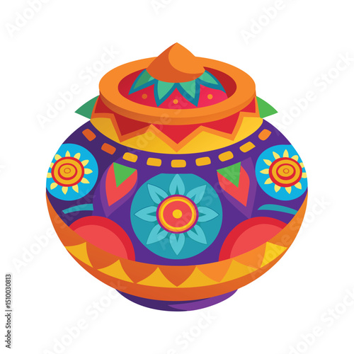 Decorated indian pot with colorful geometric patterns isolated on white background