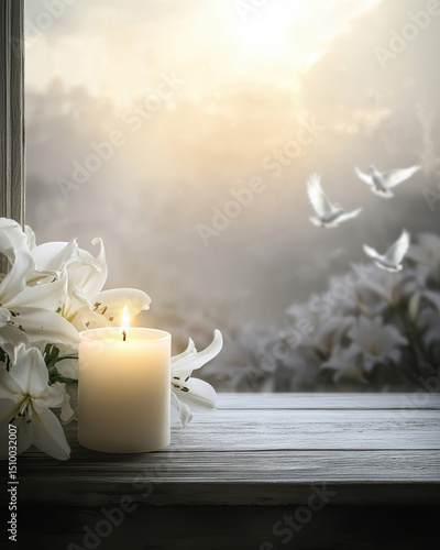 Peaceful candle memorial scene with white lilies and soft sunset light for funeral template use