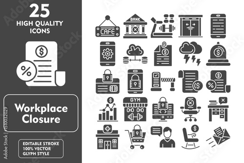 Workplace Closure Glyph Icon Set. Incleded Icons Cafe, Bank, Gym, Closed Door, Phone, Cease Of Activity, Redundancy, Files, Inclement Weather. Vector Icons Collection