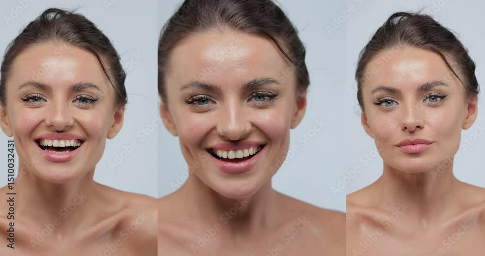Collage of young beautiful woman with clean fresh skin standing and smiling over light grey background. Skin care. Beauty concept. Collage portrait. Collage of young beautiful woman with clean fresh skin standing and smiling over light grey background. Skin care. Beauty concept. Collage portrait.