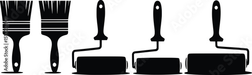 Large Paint Brushes and Rollers Silhouette Vector Set, DIY Painting Tools.