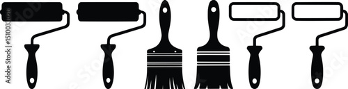 Paint Rollers and Brushes Silhouette Icons, Vector Set for DIY & Decor.