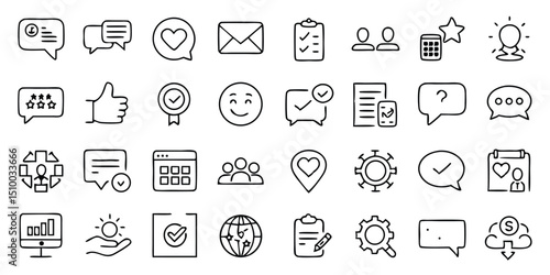 A set of clean line-style icon set of 30 benefit and reward elements on white background style reward and loyalty symbols on a white background