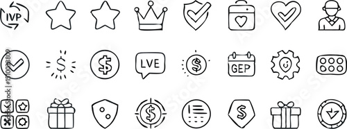 A set of clean line-style icon set of 30 benefit and reward elements on white background icons include reward box, cashback coin, loyalty star, milestone badge, elite user pass