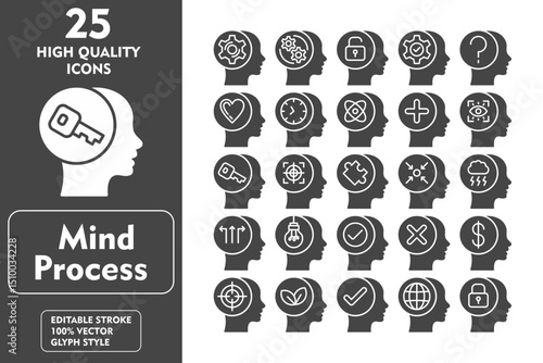 Mind Process Glyph Icon Set. Incleded Icons Development, Target, Failure, Financial, Focus, Think Green, Positive, Global Thinking, Protection. Vector Icons Collection