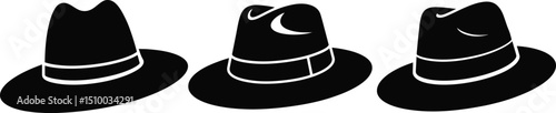 Stylish black fedora hats in a vector illustration showing various angles and designs
