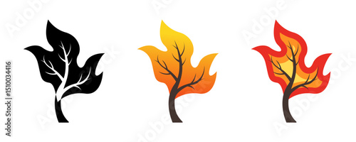 Wildfire icon silhouette. Tree on fire logo symbo collectionl. Vector illustration and png transparent