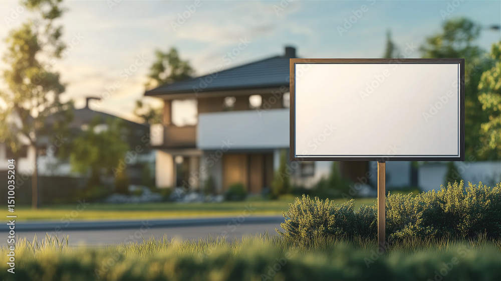 Obraz premium blank sign with a modern house on the background, house for sale concept, housing