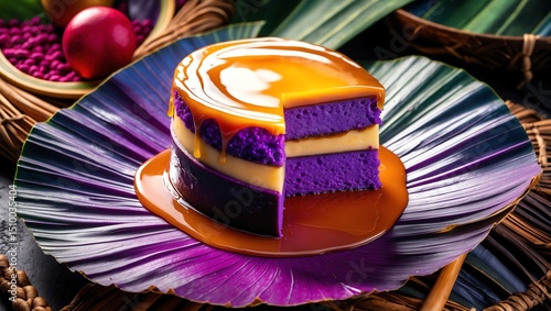 Delicious Ube Cake with Caramel Drizzle on Decorative Leaf Plate