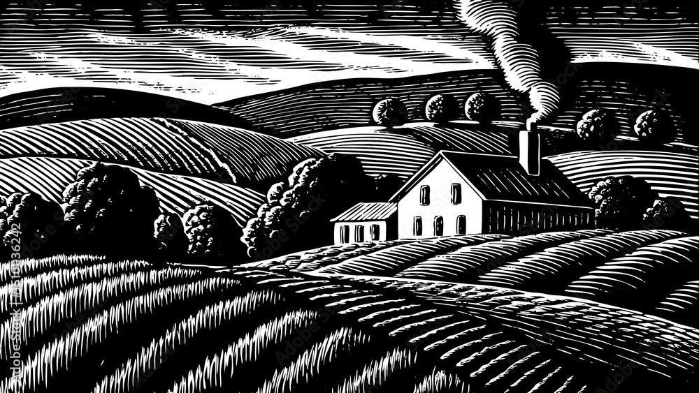 Fototapeta premium Rural landscape with a farm in engraving black and white hand drawn sketch outline