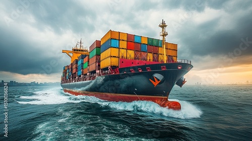 A colossal container ship bravely sails the ocean carrying dreams across waters symbolizing global trade and commerce